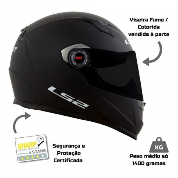 Capacete Moto Fechado Ls2 Ff358 Classic Monocolor Preto Fosco Esportivo C/ Selo Inmetro