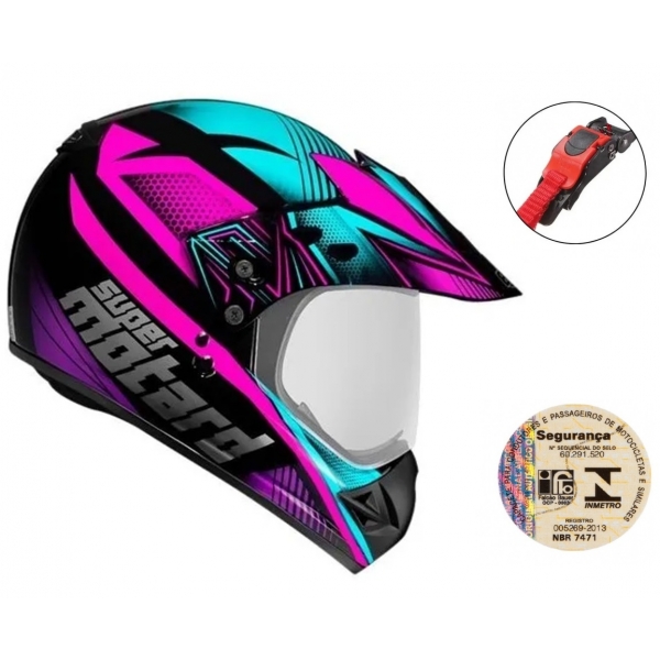 Capacete Moto Feminino Esportivo Ebf Super Motard Action Preto Rosa Cross Trilha C/ Selo Inmetro - Rosa