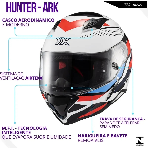 Capacete Moto Esportivo Fechado Texx Hunter Ark C/ Aerofólio Spoiler Masculino Feminino Lançamento - Branco Vermelho Azul