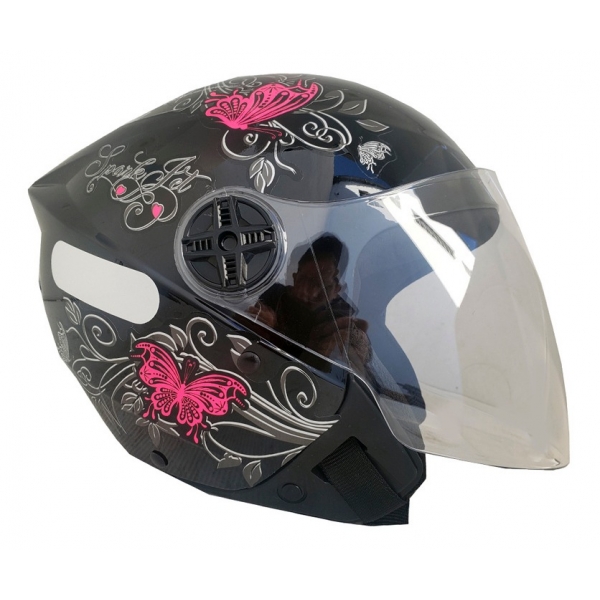 Capacete Moto Feminino Aberto Ebf Thunder Spark Jet Borboleta Preto Rosa Azul Lilás C/ Selo Inmetro - Preto Rosa